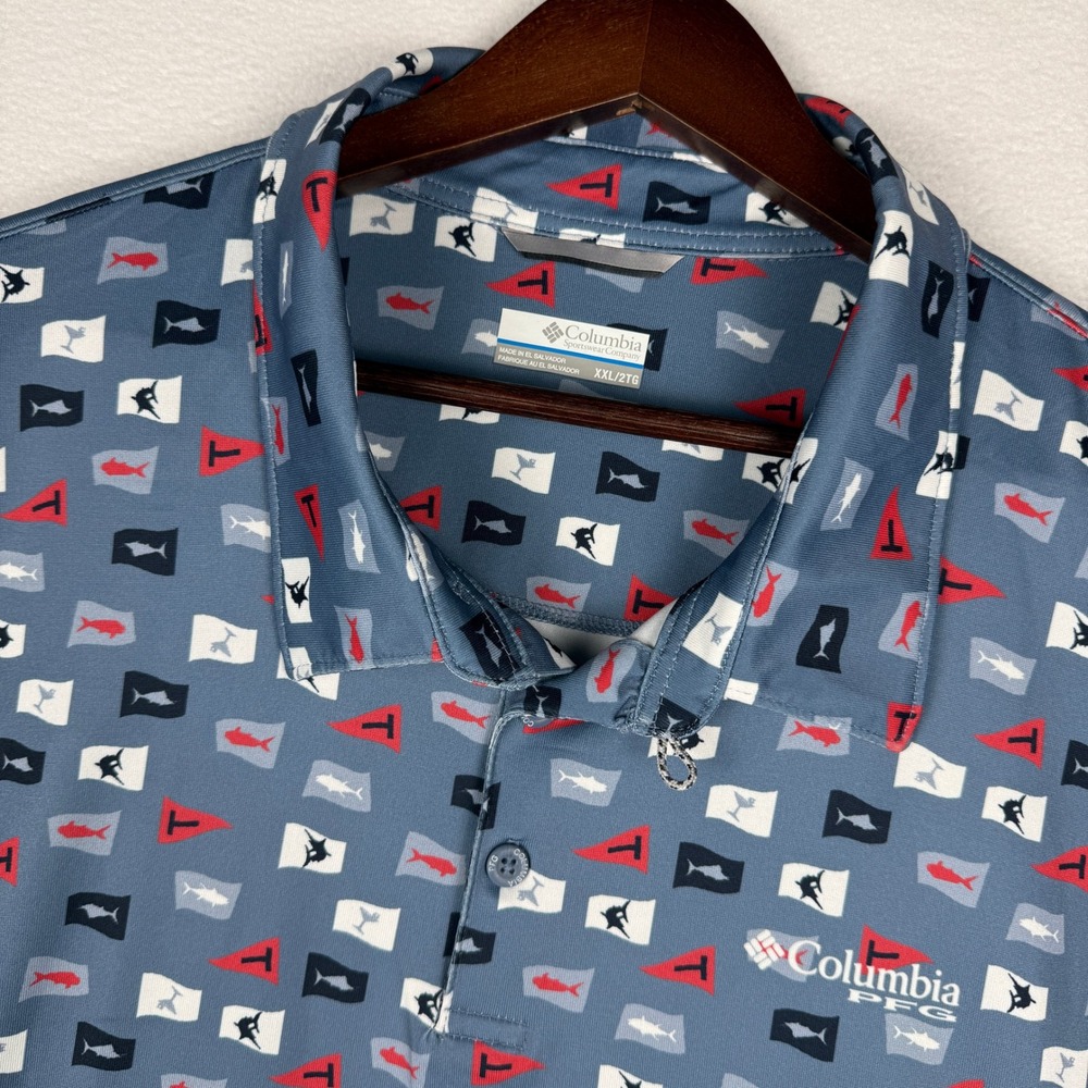 Columbia PFG Mens XXL Omni Shade Fishing Flag AOP Performance Polo Shirt FM8309